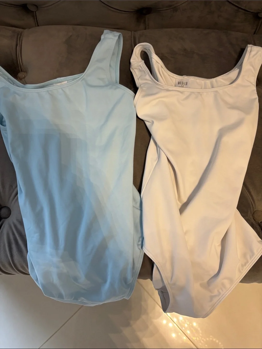 Two Bloch Leotards Light Blue and White Dance gymnastics Leotards both size 12